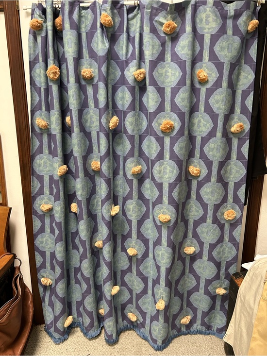 Opalhouse Other - Blue Geometric Shower Curtain w/Tan Pom-Poms thru-out + blue fringe hem. So cute
